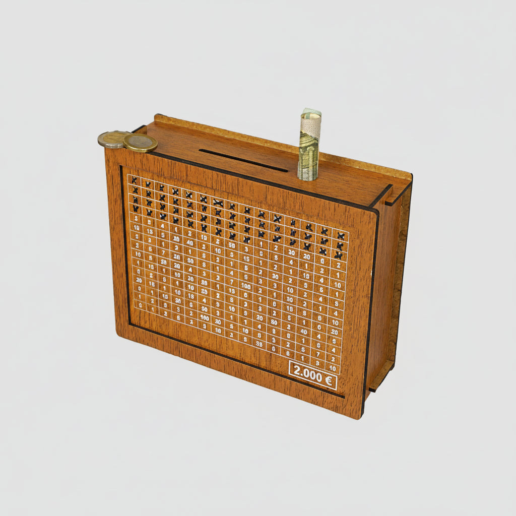 Mealheiro de Madeira Kakeibo Modelo de Mesa Objetivos de Poupança Visão Geral