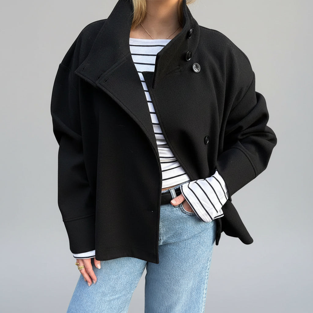 Casaco de Senhora com Botões Duplos Elegante Quente Modelo Curto
