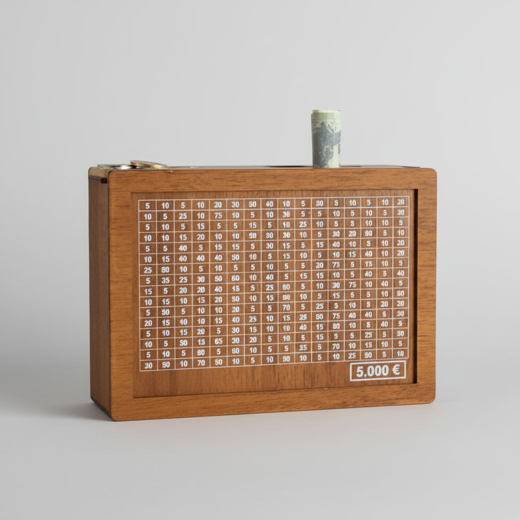 Mealheiro de Madeira Kakeibo Modelo de Mesa Objetivos de Poupança Visão Geral